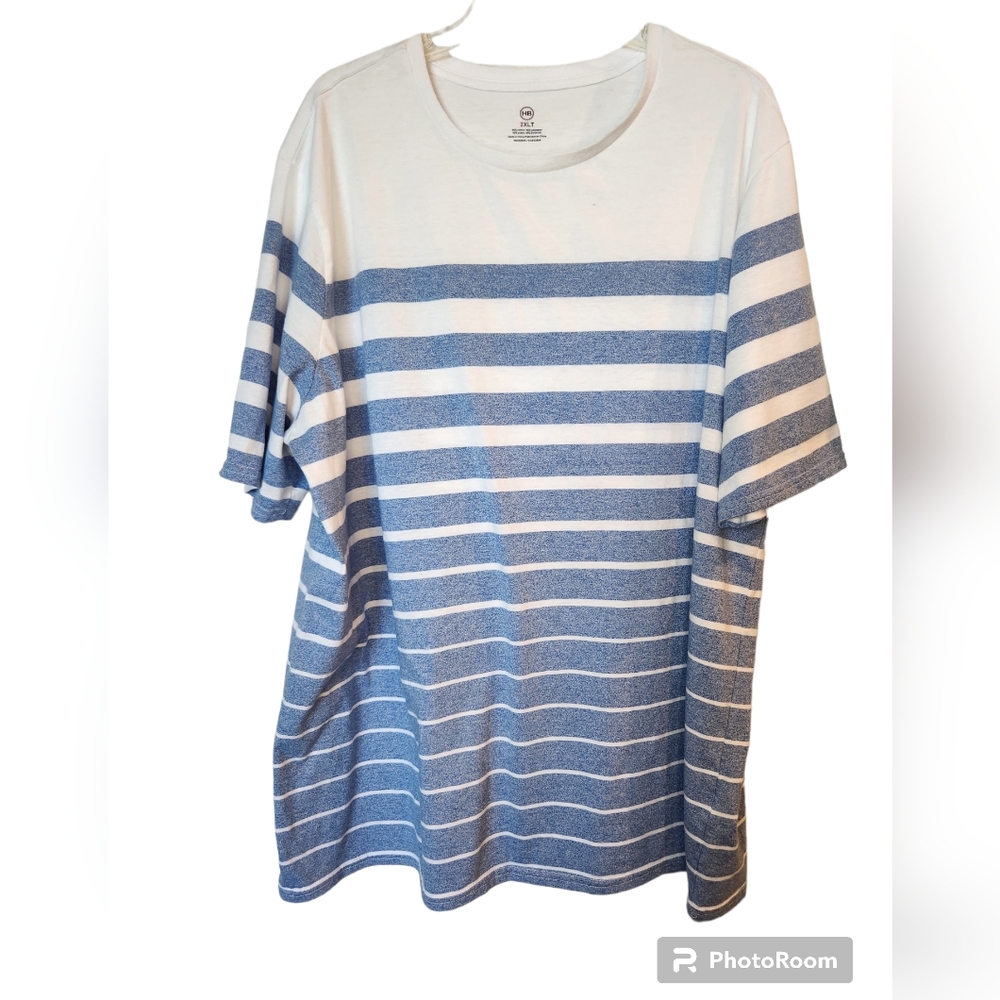 HB Size 2XLT blue & white striped tee. Cotton/poly blend.